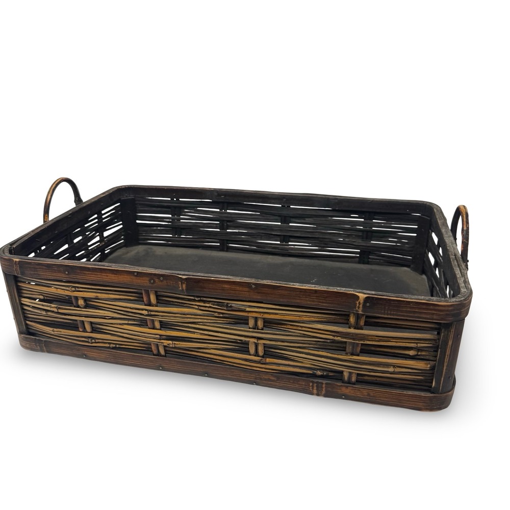 Rustic Wicker Basket Serving Tray w/ Handles Dark Brown Solid Sturdy Rectangle